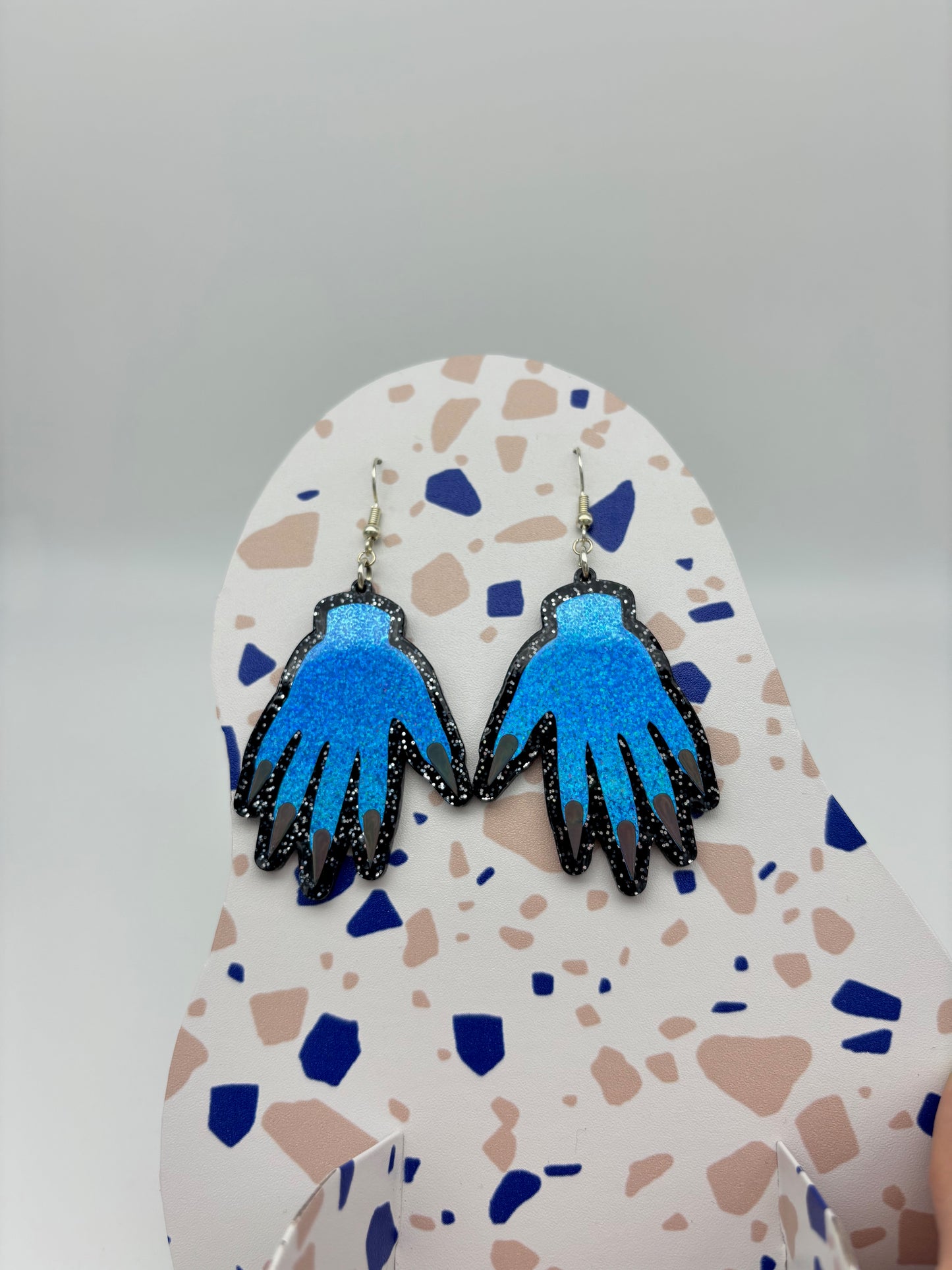 Sparkly Hand Acrylic Earrings - Blue & Black Glitter