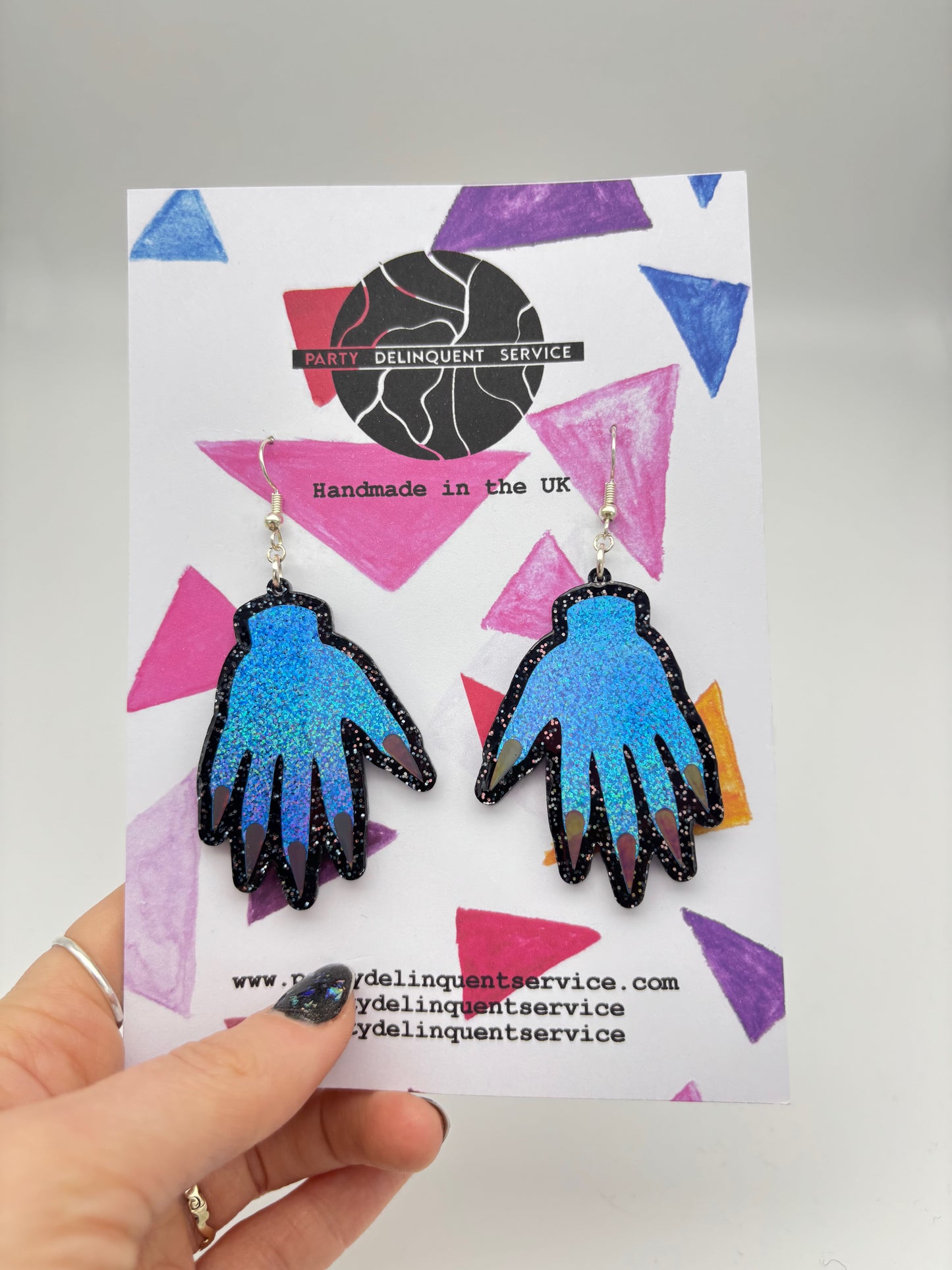 Sparkly Hand Acrylic Earrings - Blue & Black Glitter