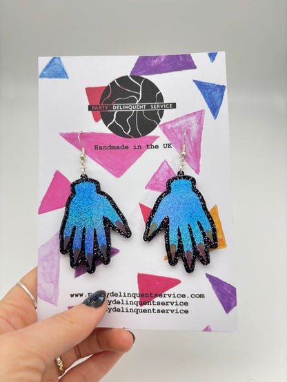 Sparkly Hand Acrylic Earrings - Blue & Black Glitter