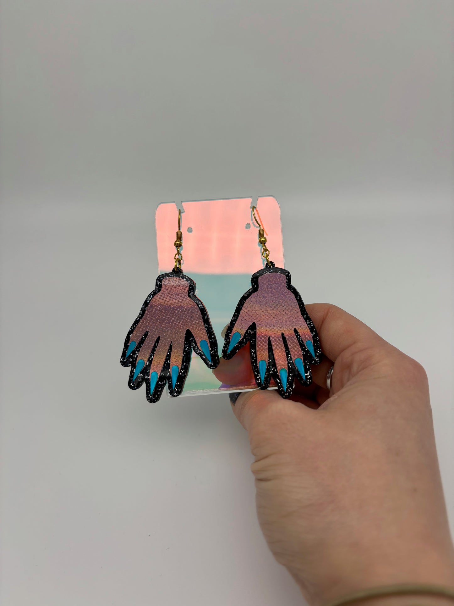 Sparkly Hand Acrylic Earrings - Pink & Black Glitter