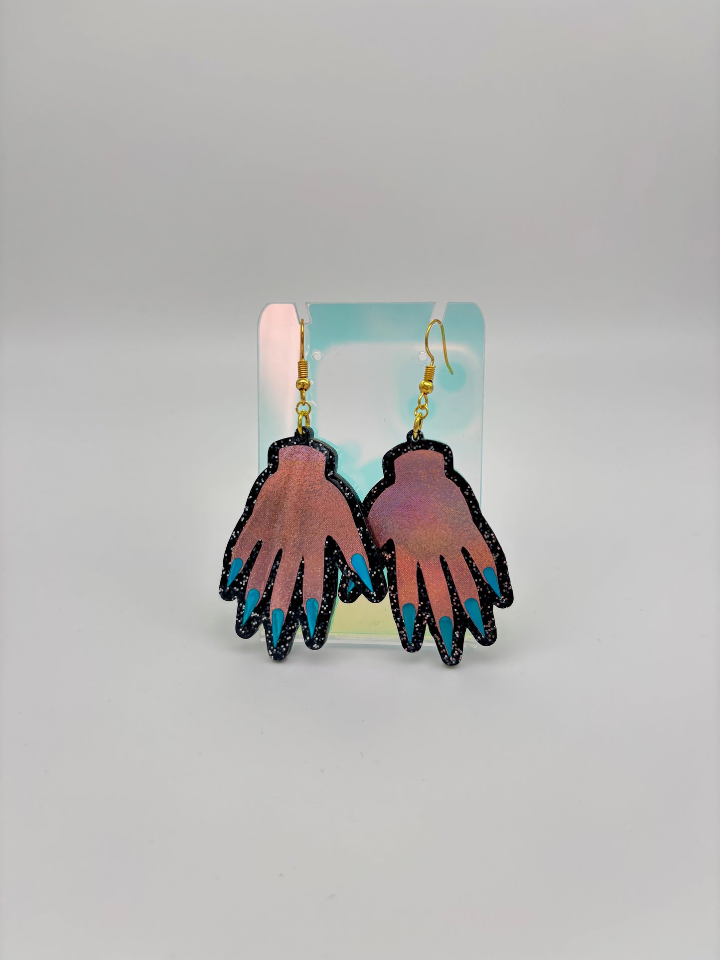 Sparkly Hand Acrylic Earrings - Pink & Black Glitter