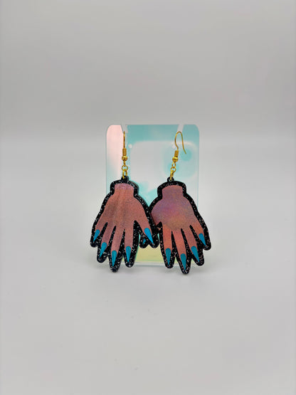 Sparkly Hand Acrylic Earrings - Pink & Black Glitter