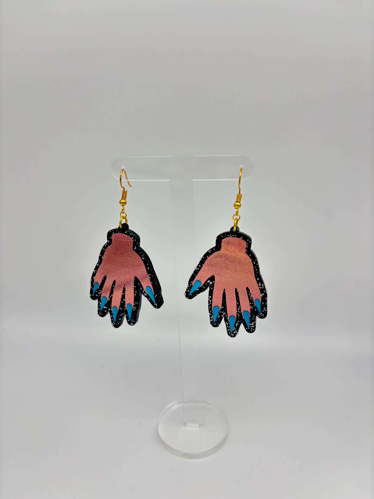 Sparkly Hand Acrylic Earrings - Pink & Black Glitter
