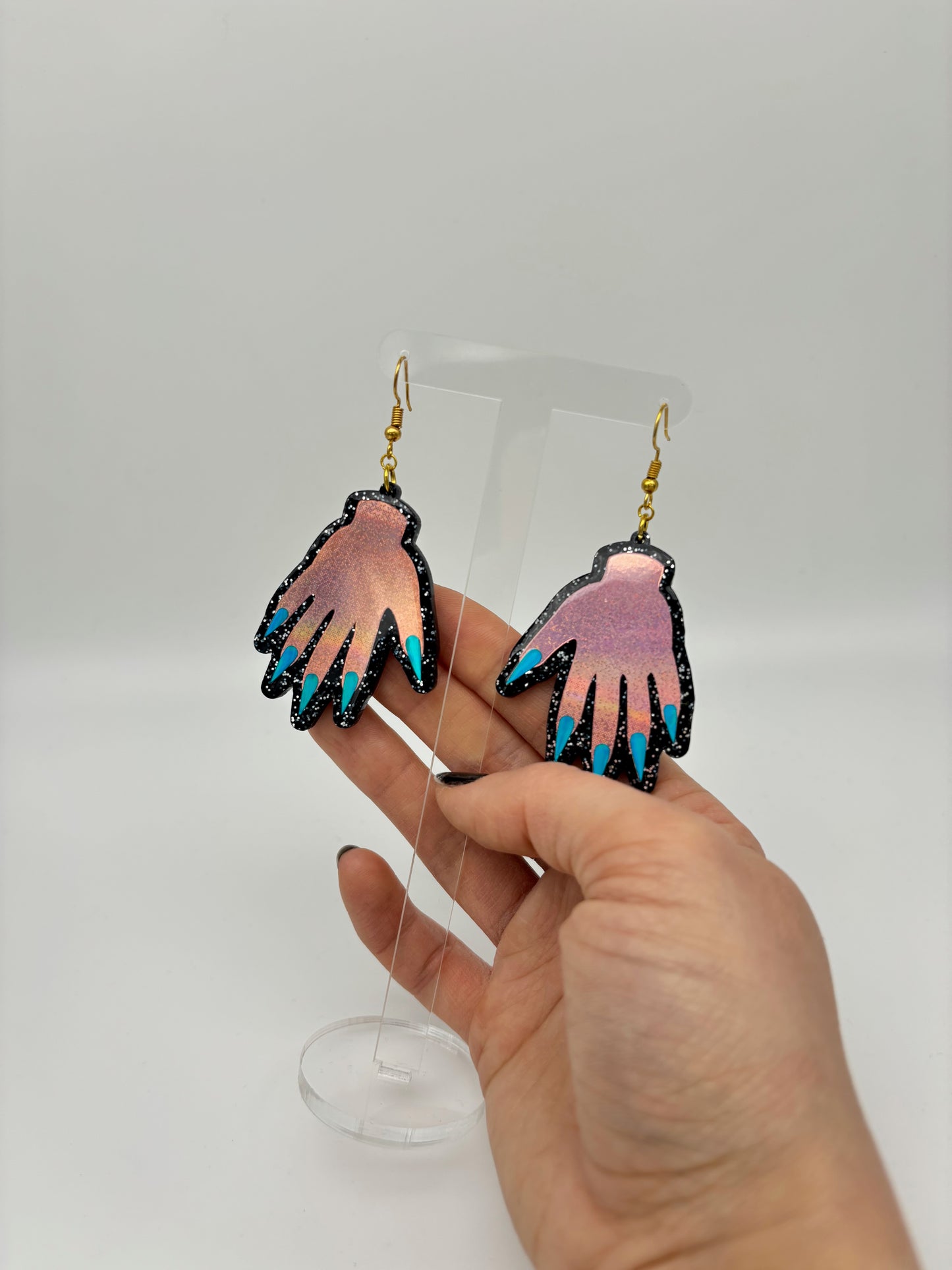 Sparkly Hand Acrylic Earrings - Pink & Black Glitter