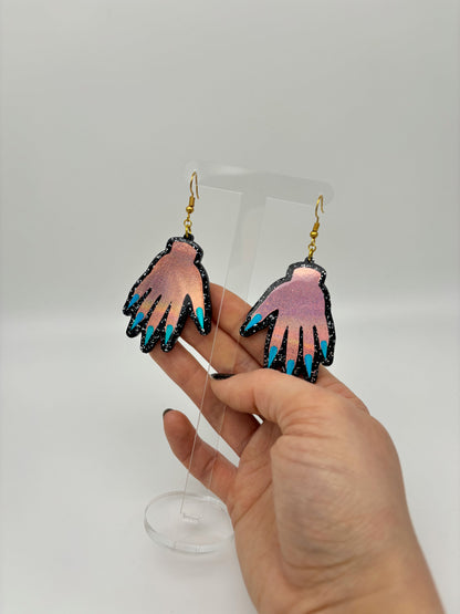 Sparkly Hand Acrylic Earrings - Pink & Black Glitter