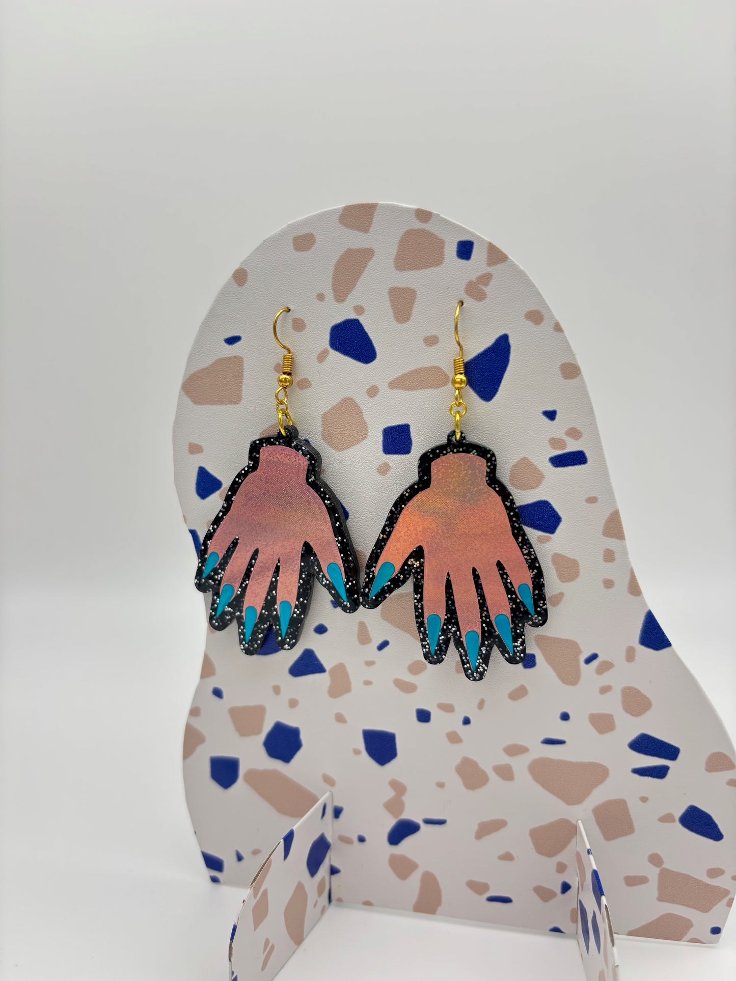 Sparkly Hand Acrylic Earrings - Pink & Black Glitter