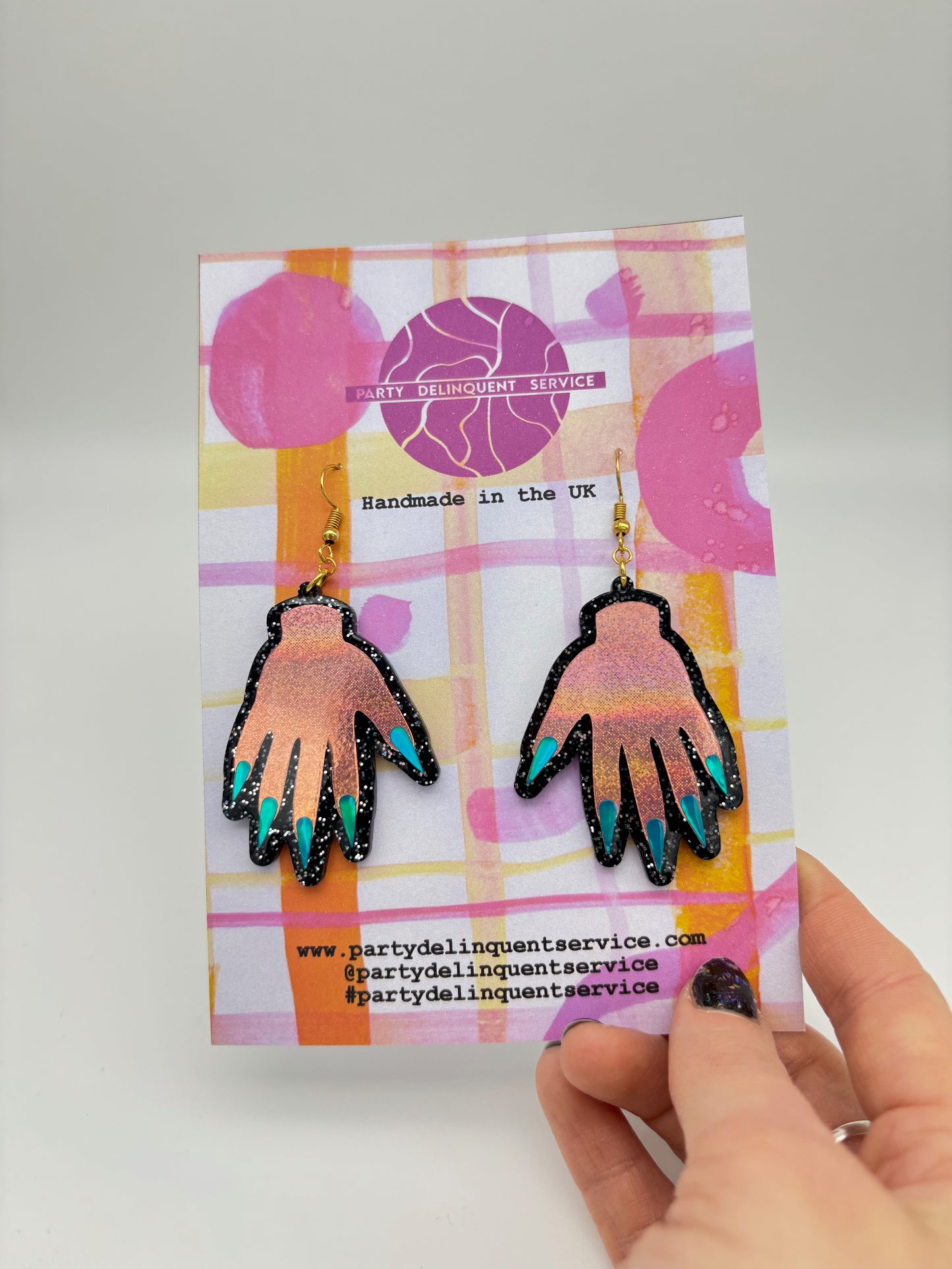 Sparkly Hand Acrylic Earrings - Pink & Black Glitter