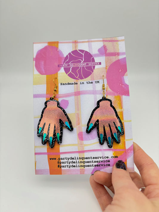 Sparkly Hand Acrylic Earrings - Pink & Black Glitter