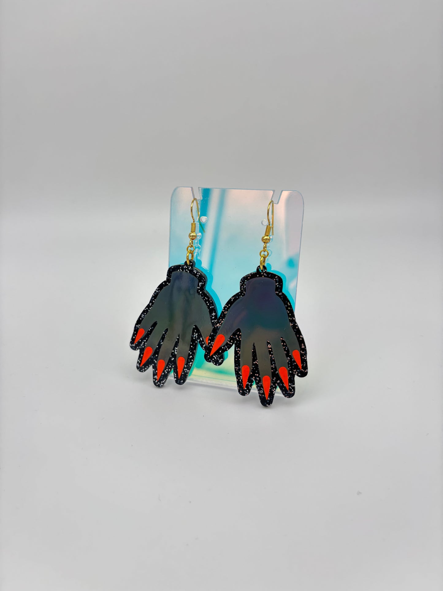 Sparkly Hand Acrylic Earrings - Grey Holo & Black Glitter