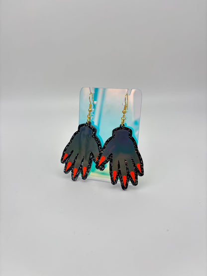Sparkly Hand Acrylic Earrings - Grey Holo & Black Glitter