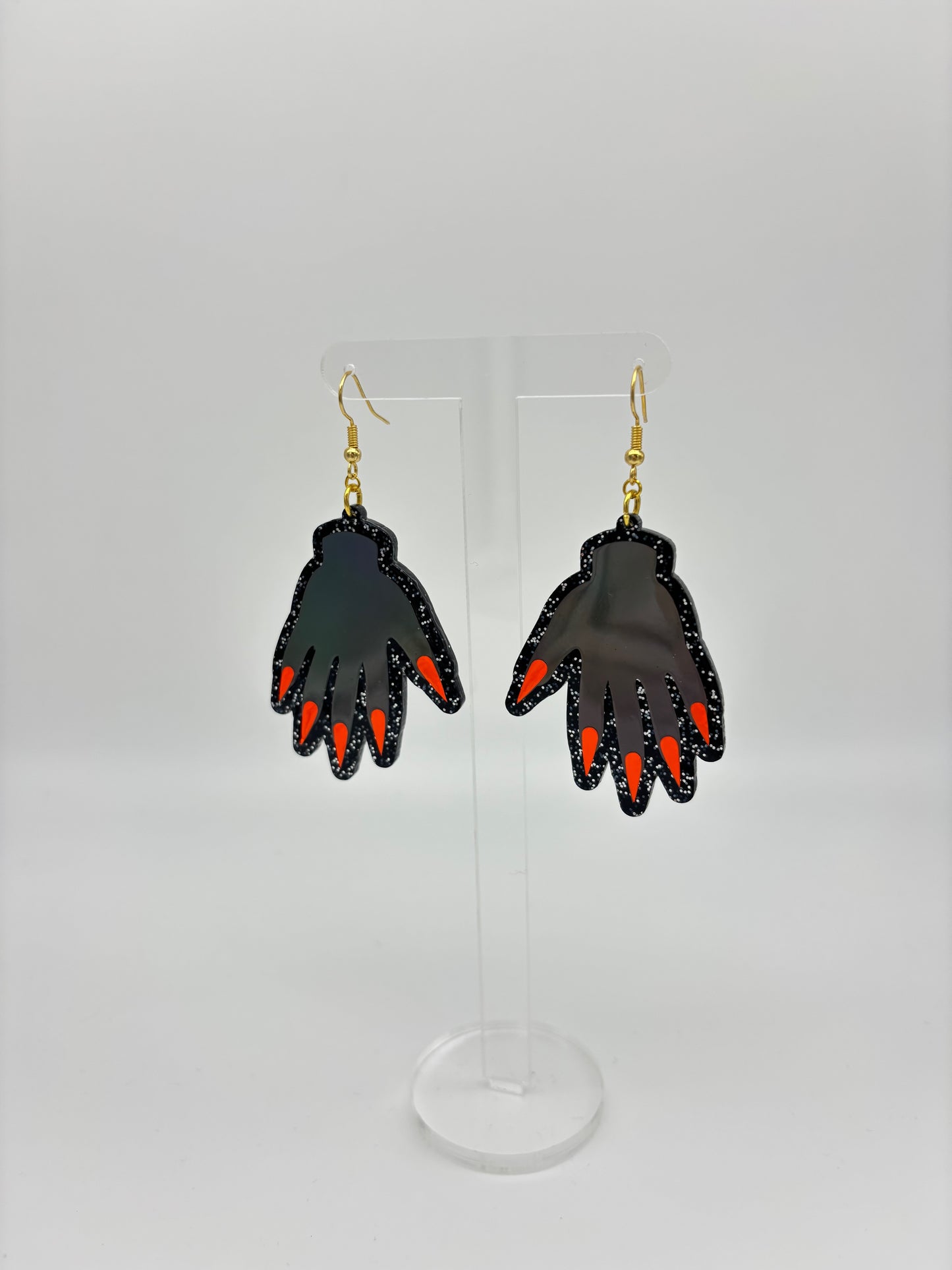 Sparkly Hand Acrylic Earrings - Grey Holo & Black Glitter