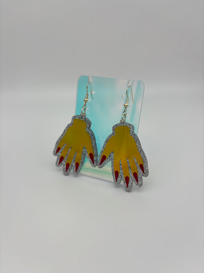 Sparkly Hand Acrylic Earrings - Yellow Holo & Silver Glitter