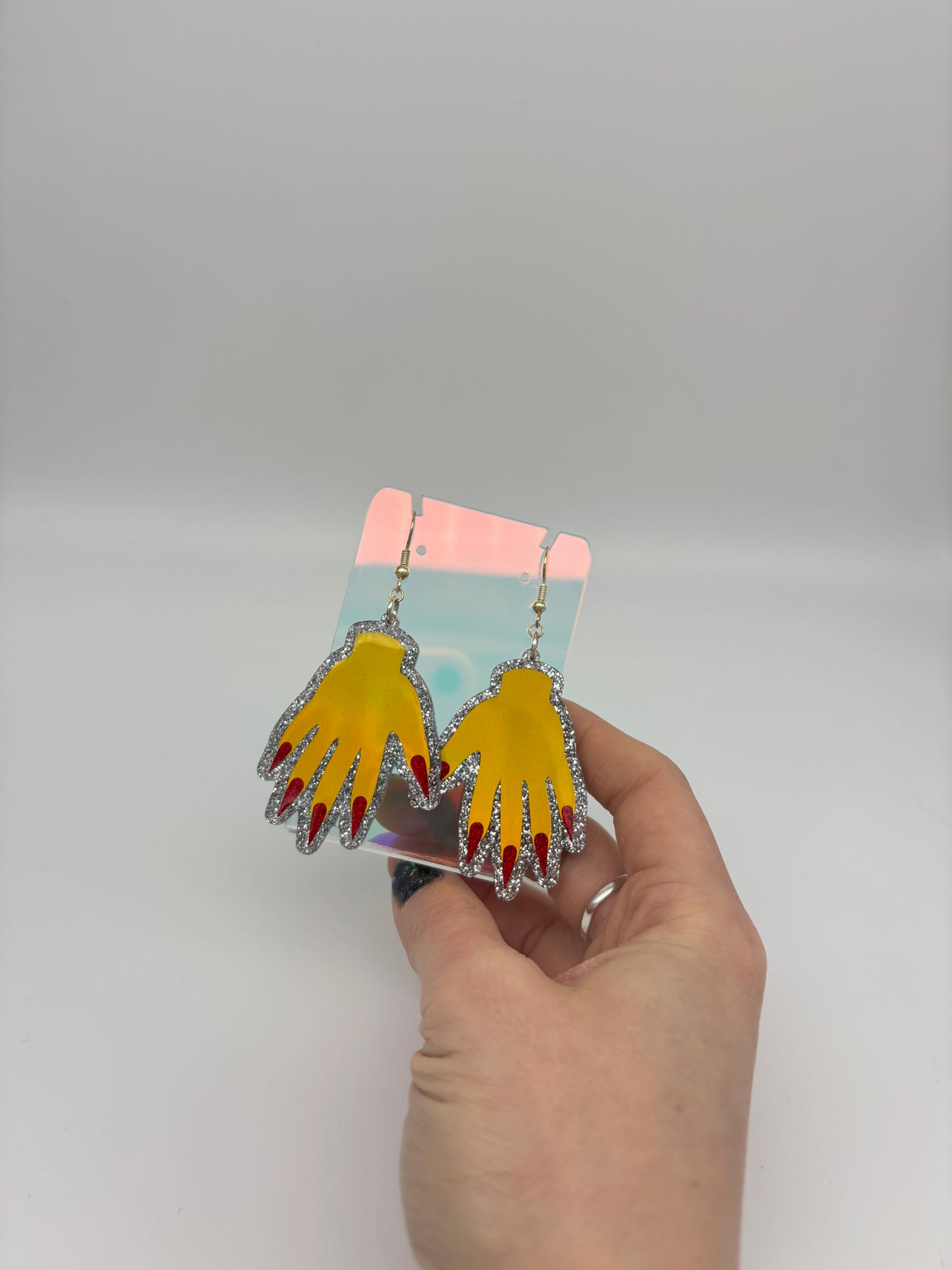 Sparkly Hand Acrylic Earrings - Yellow Holo & Silver Glitter