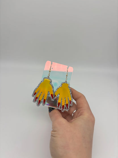 Sparkly Hand Acrylic Earrings - Yellow Holo & Silver Glitter