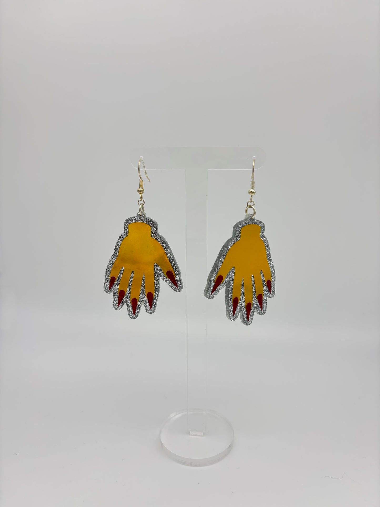 Sparkly Hand Acrylic Earrings - Yellow Holo & Silver Glitter