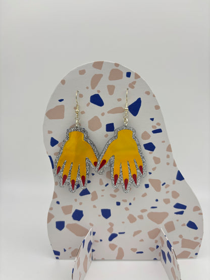 Sparkly Hand Acrylic Earrings - Yellow Holo & Silver Glitter