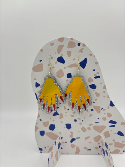 Sparkly Hand Acrylic Earrings - Yellow Holo & Silver Glitter
