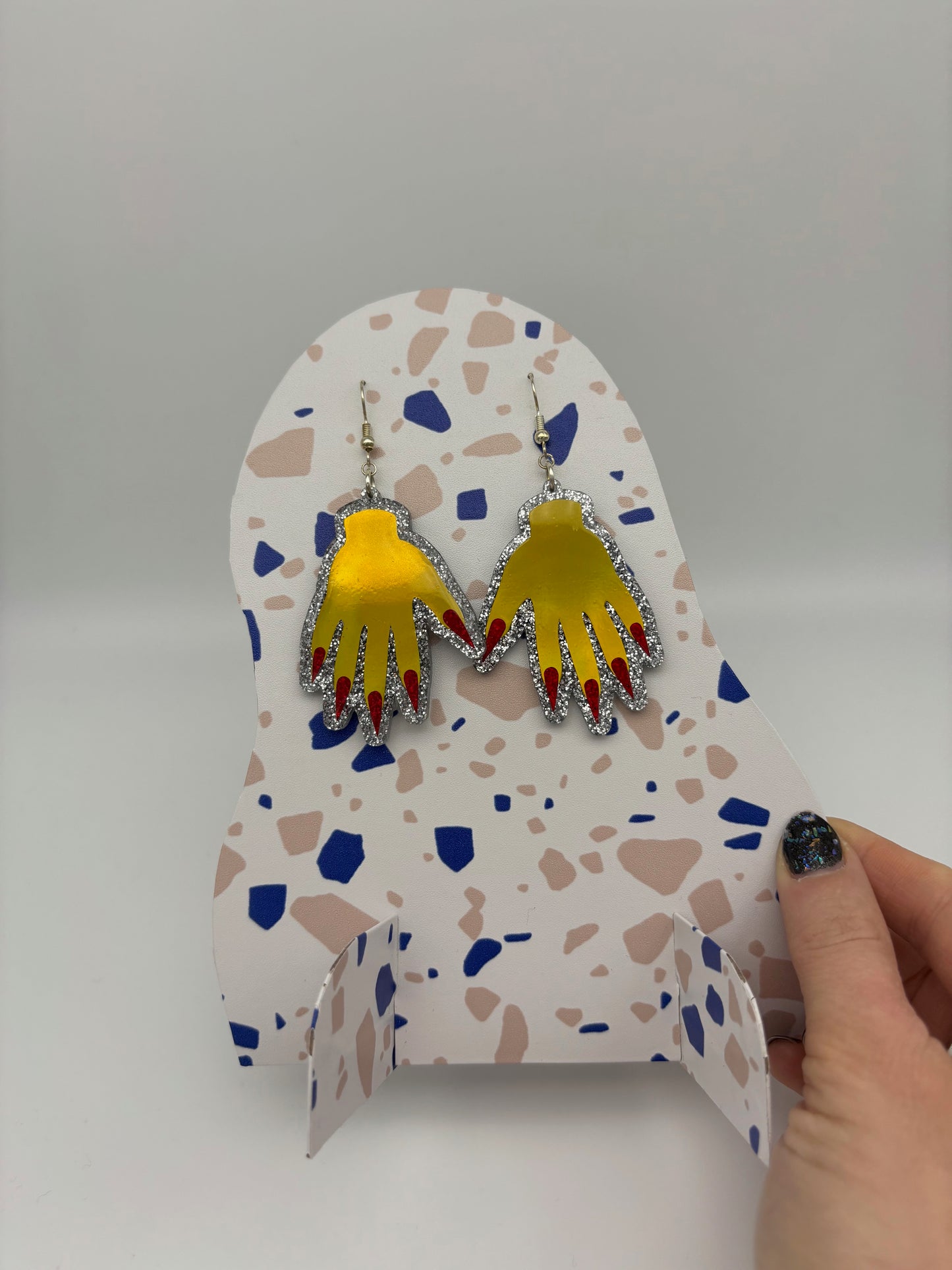 Sparkly Hand Acrylic Earrings - Yellow Holo & Silver Glitter