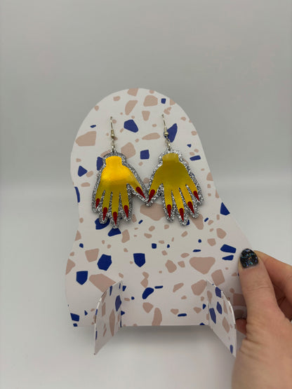 Sparkly Hand Acrylic Earrings - Yellow Holo & Silver Glitter