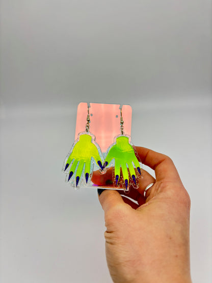 Sparkly Hand Acrylic Earrings - Lime Green & Clear Holo Glitter