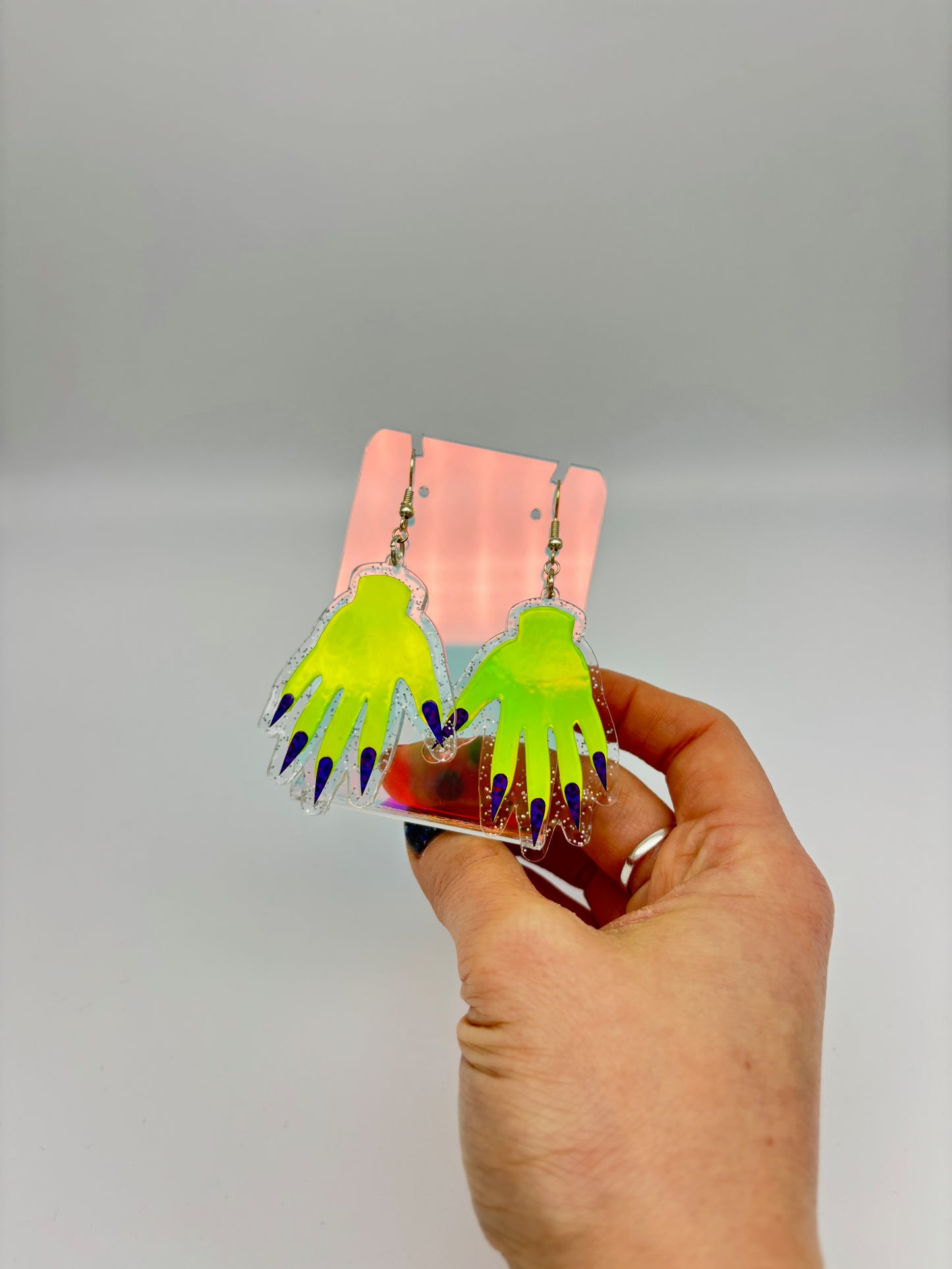 Sparkly Hand Acrylic Earrings - Lime Green & Clear Holo Glitter
