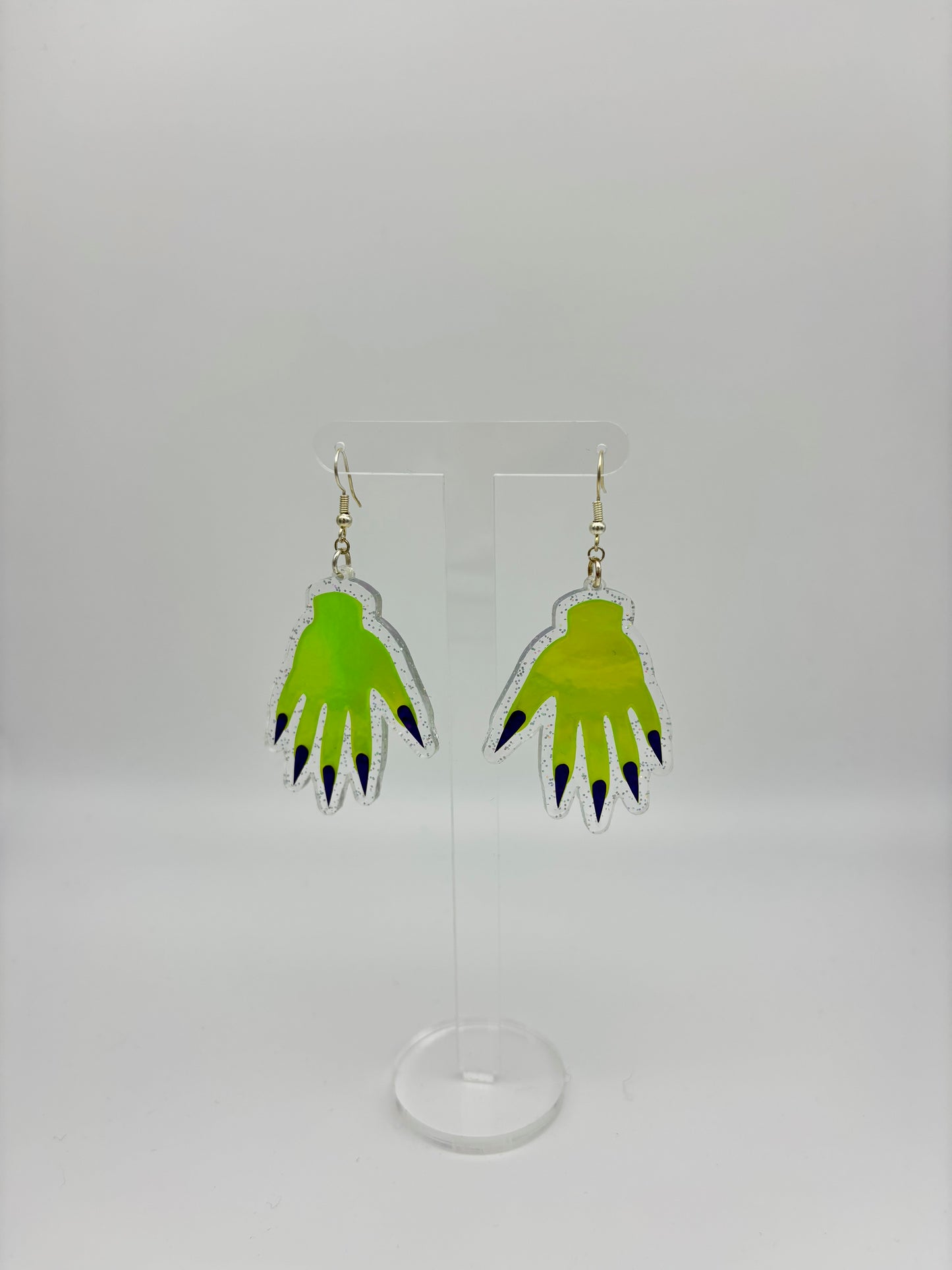 Sparkly Hand Acrylic Earrings - Lime Green & Clear Holo Glitter