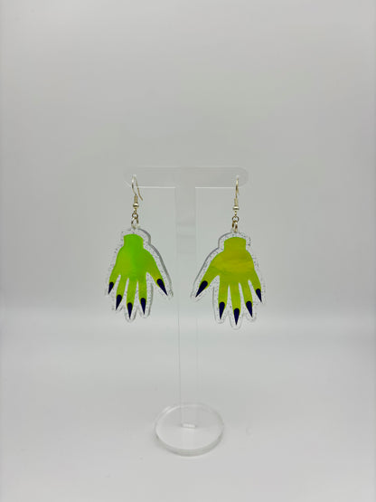 Sparkly Hand Acrylic Earrings - Lime Green & Clear Holo Glitter