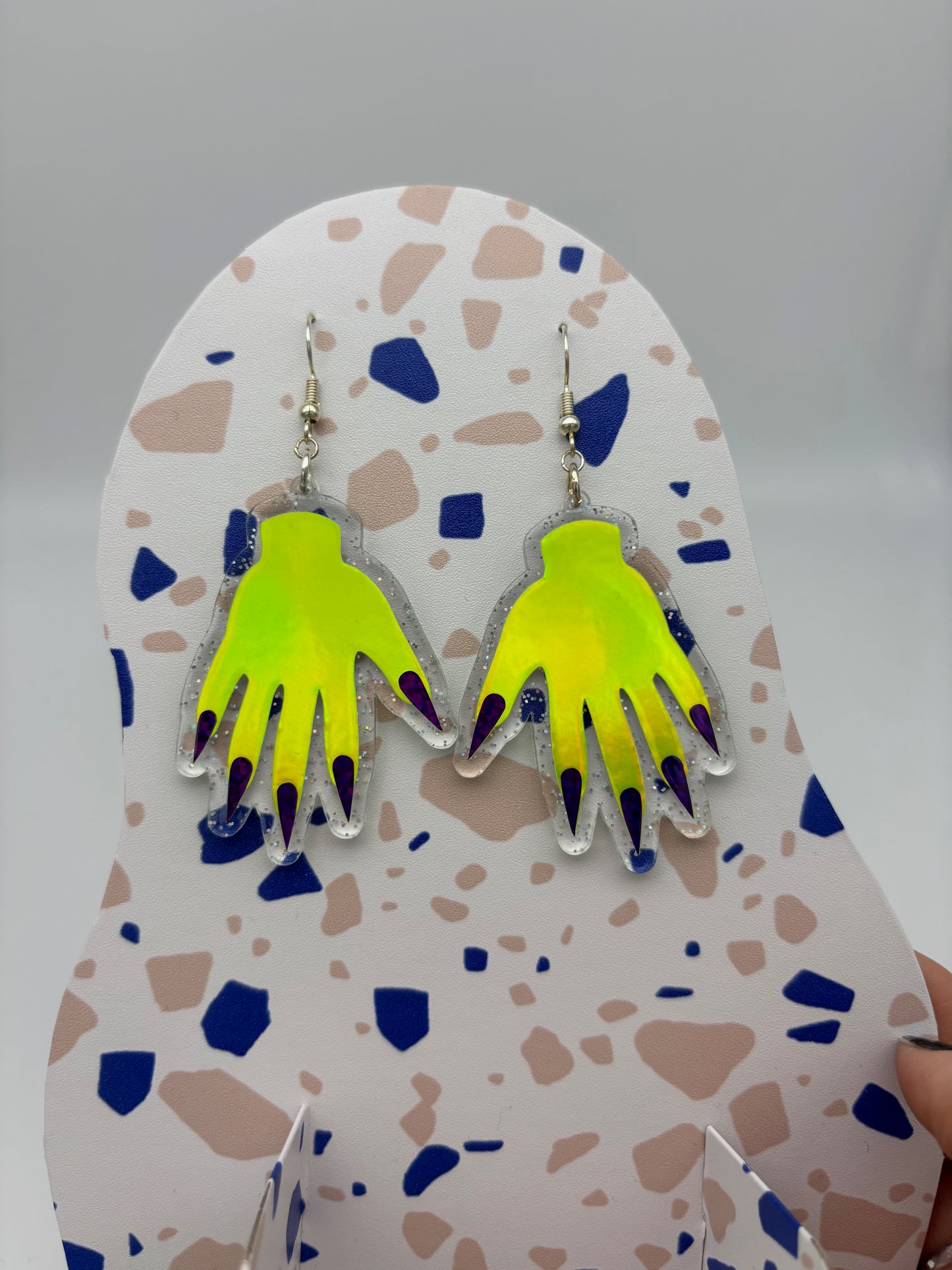 Sparkly Hand Acrylic Earrings - Lime Green & Clear Holo Glitter