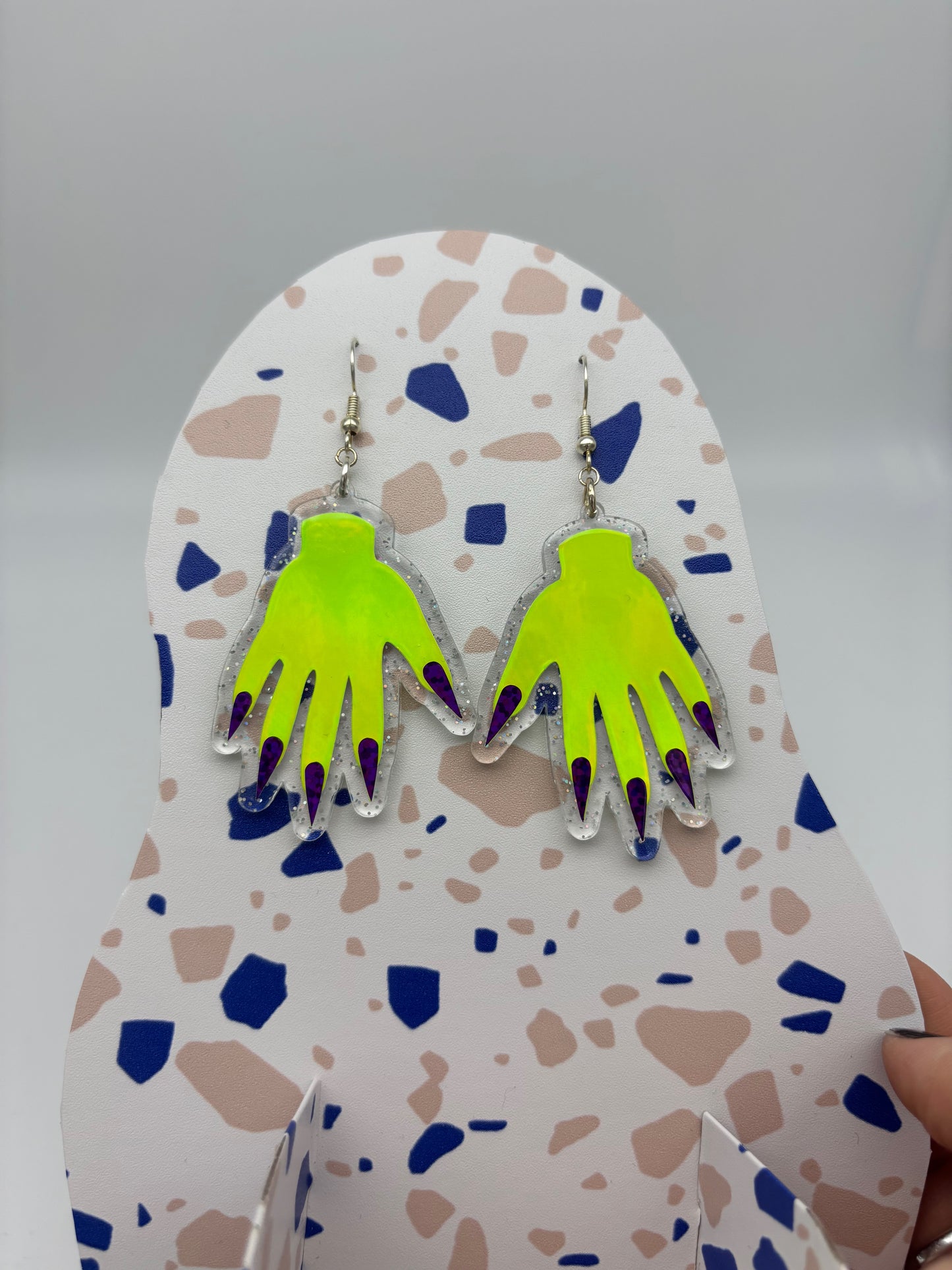 Sparkly Hand Acrylic Earrings - Lime Green & Clear Holo Glitter
