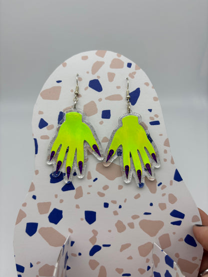 Sparkly Hand Acrylic Earrings - Lime Green & Clear Holo Glitter