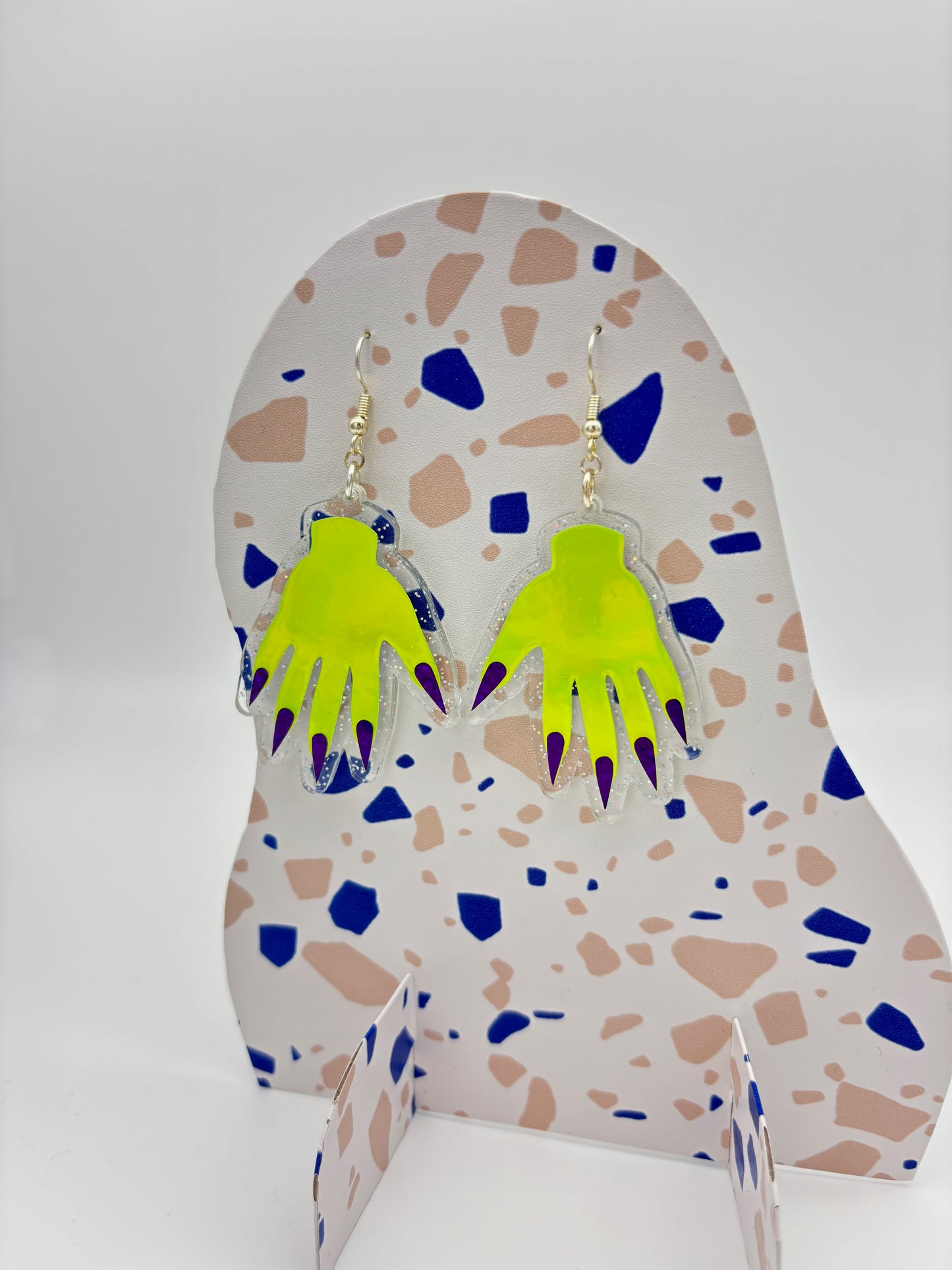 Sparkly Hand Acrylic Earrings - Lime Green & Clear Holo Glitter