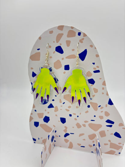 Sparkly Hand Acrylic Earrings - Lime Green & Clear Holo Glitter
