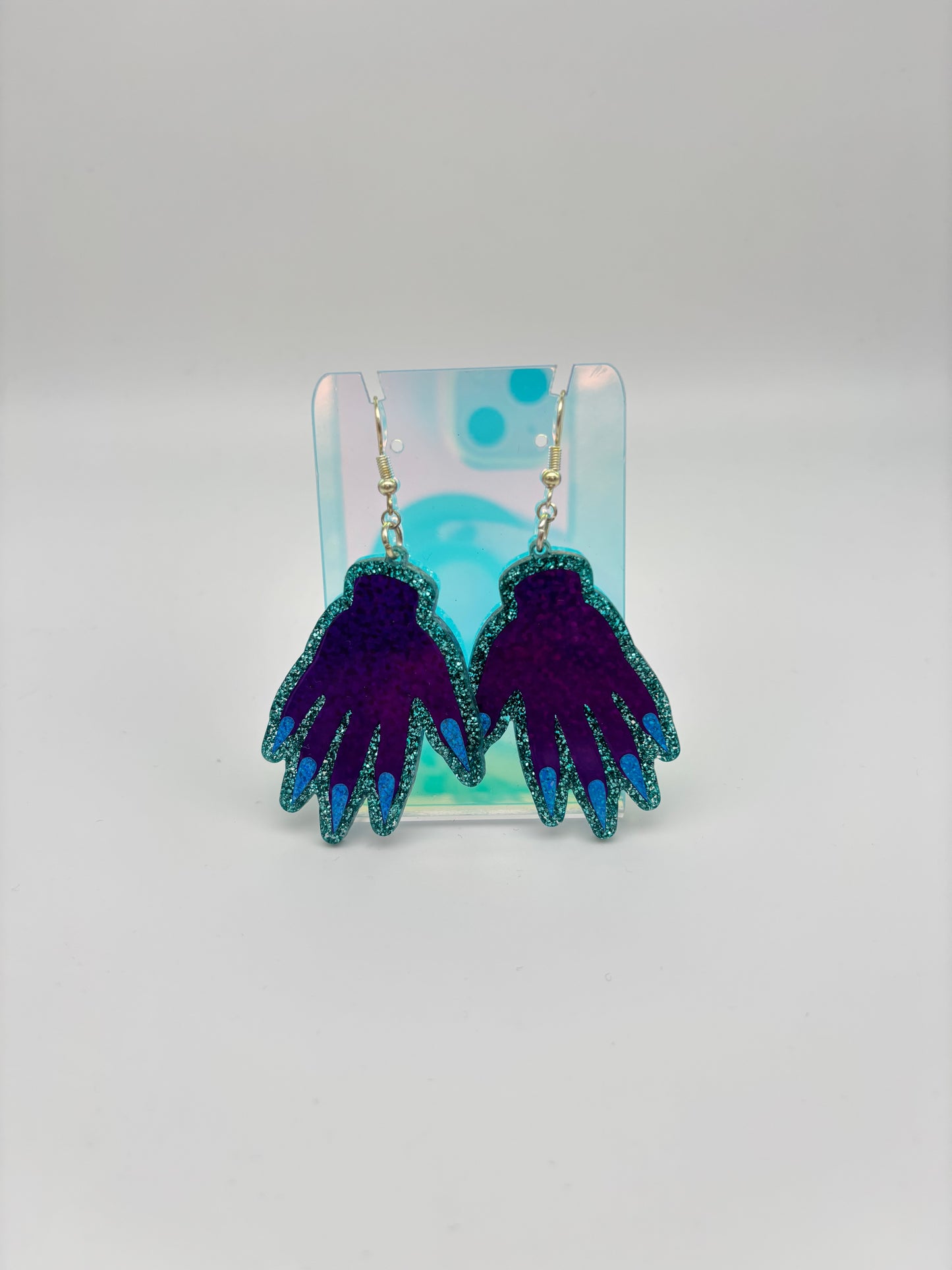 Sparkly Hand Acrylic Earrings - Purple & Teal Glitter