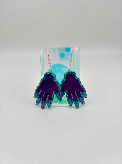 Sparkly Hand Acrylic Earrings - Purple & Teal Glitter