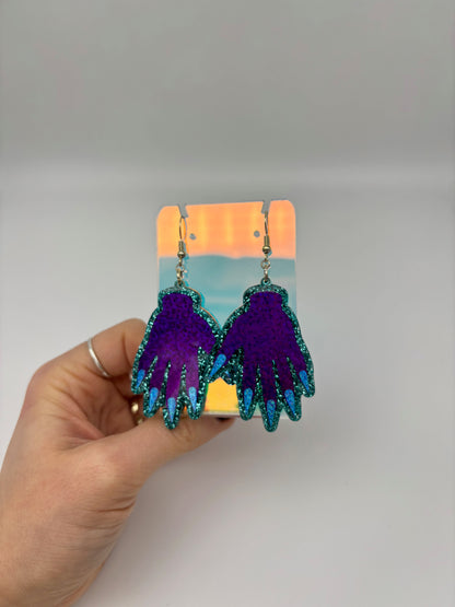 Sparkly Hand Acrylic Earrings - Purple & Teal Glitter