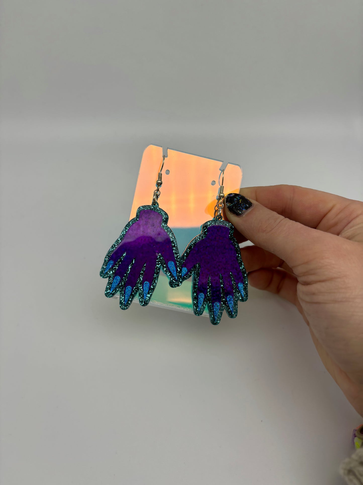 Sparkly Hand Acrylic Earrings - Purple & Teal Glitter