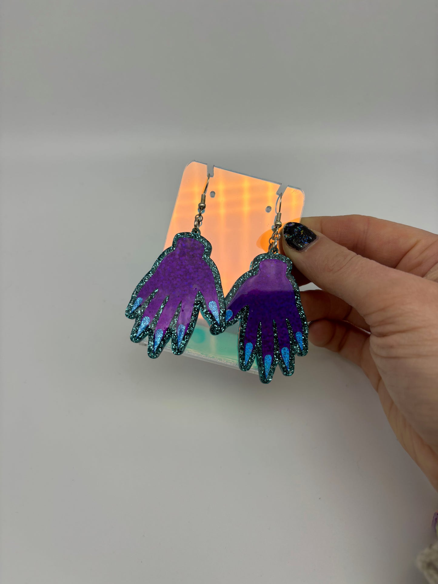 Sparkly Hand Acrylic Earrings - Purple & Teal Glitter