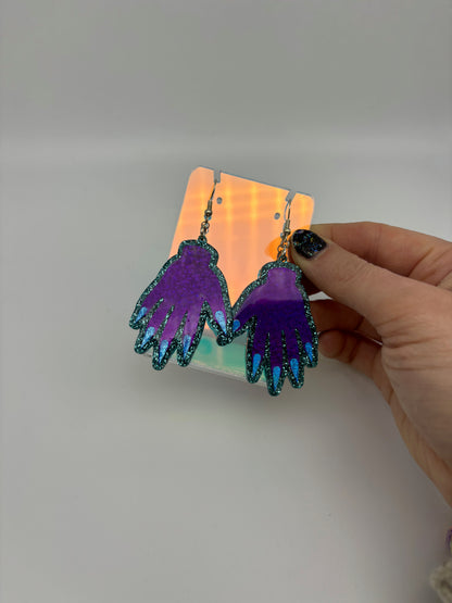 Sparkly Hand Acrylic Earrings - Purple & Teal Glitter