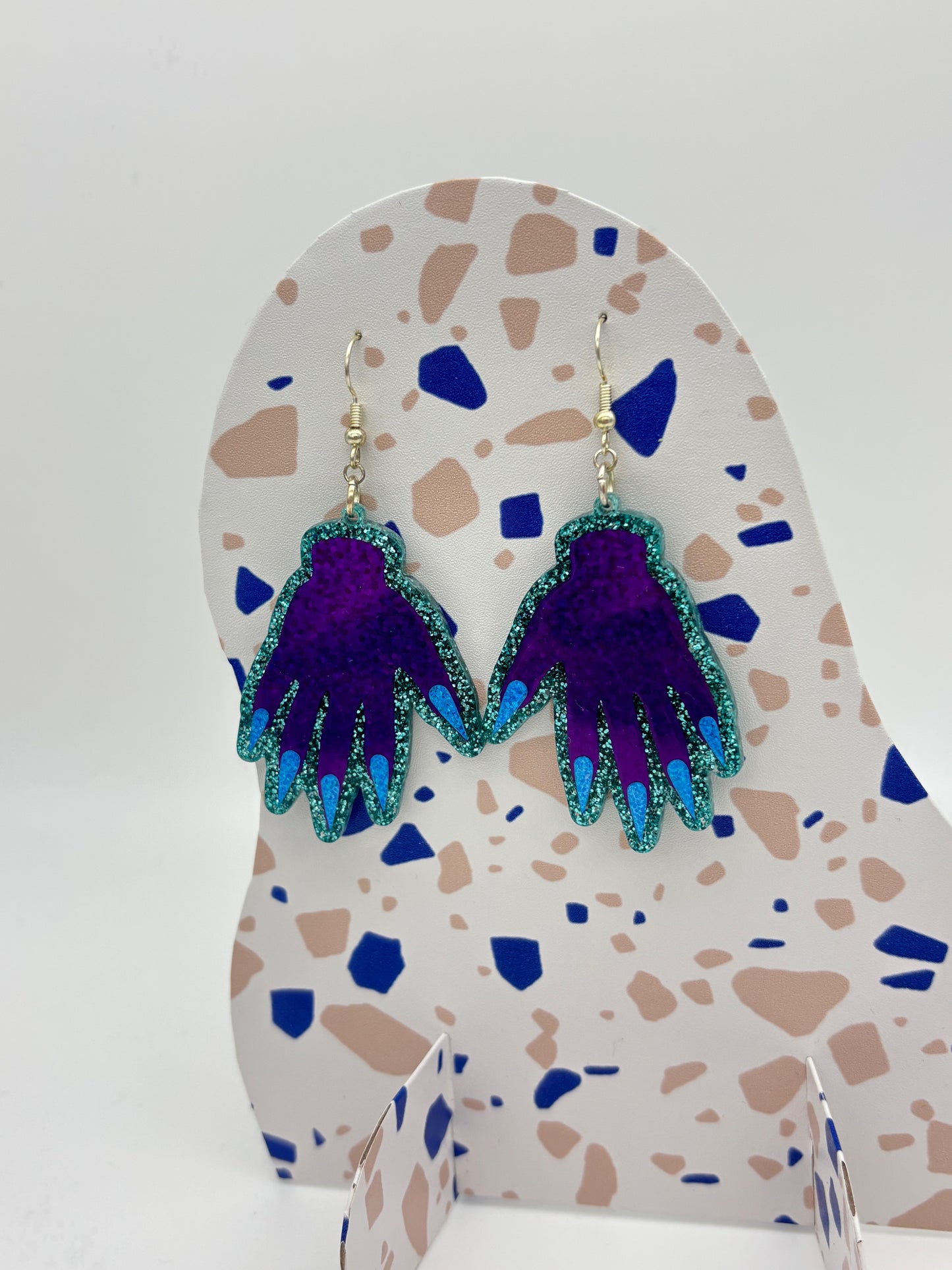 Sparkly Hand Acrylic Earrings - Purple & Teal Glitter
