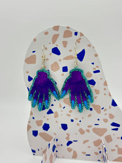 Sparkly Hand Acrylic Earrings - Purple & Teal Glitter