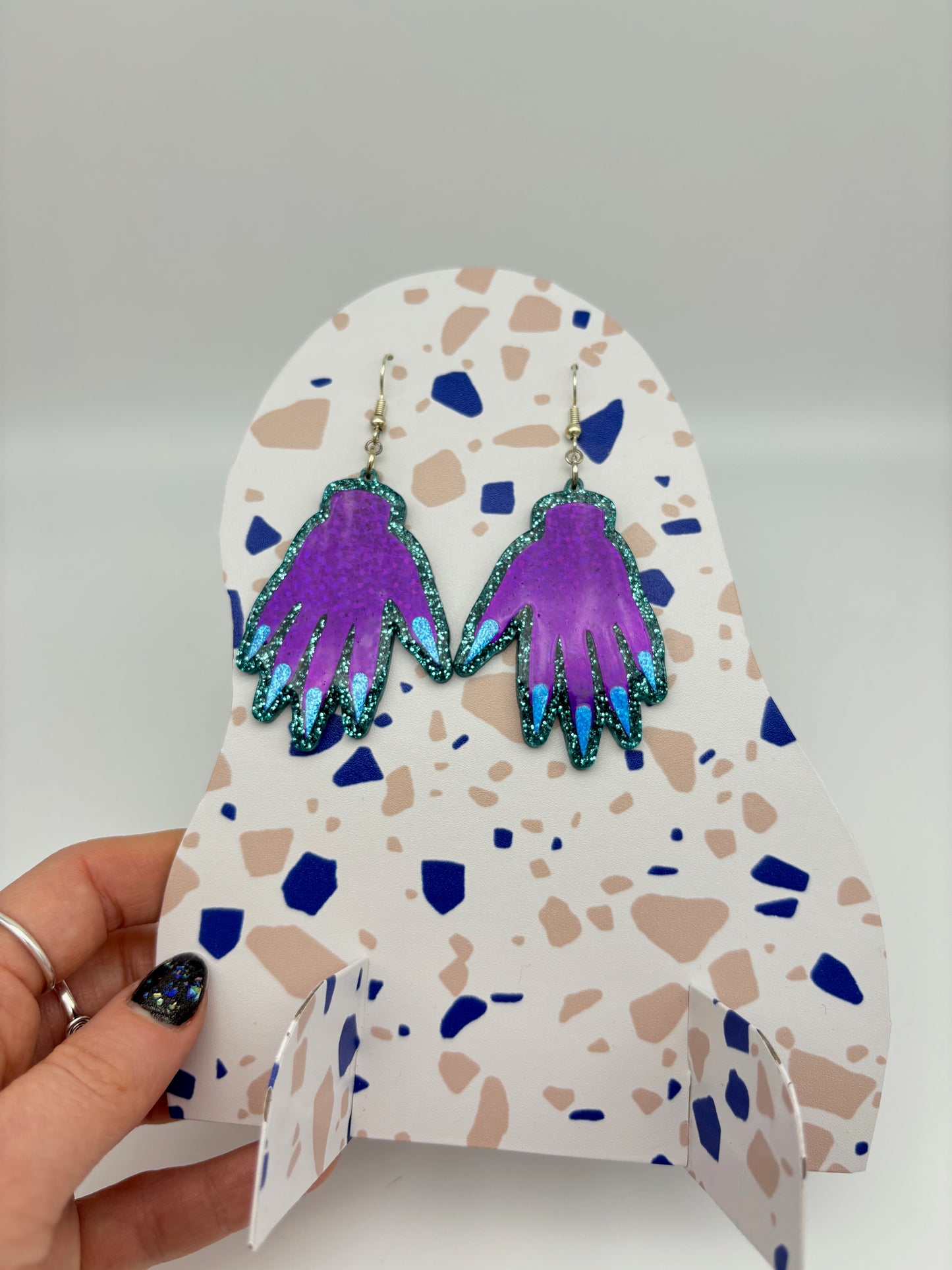 Sparkly Hand Acrylic Earrings - Purple & Teal Glitter