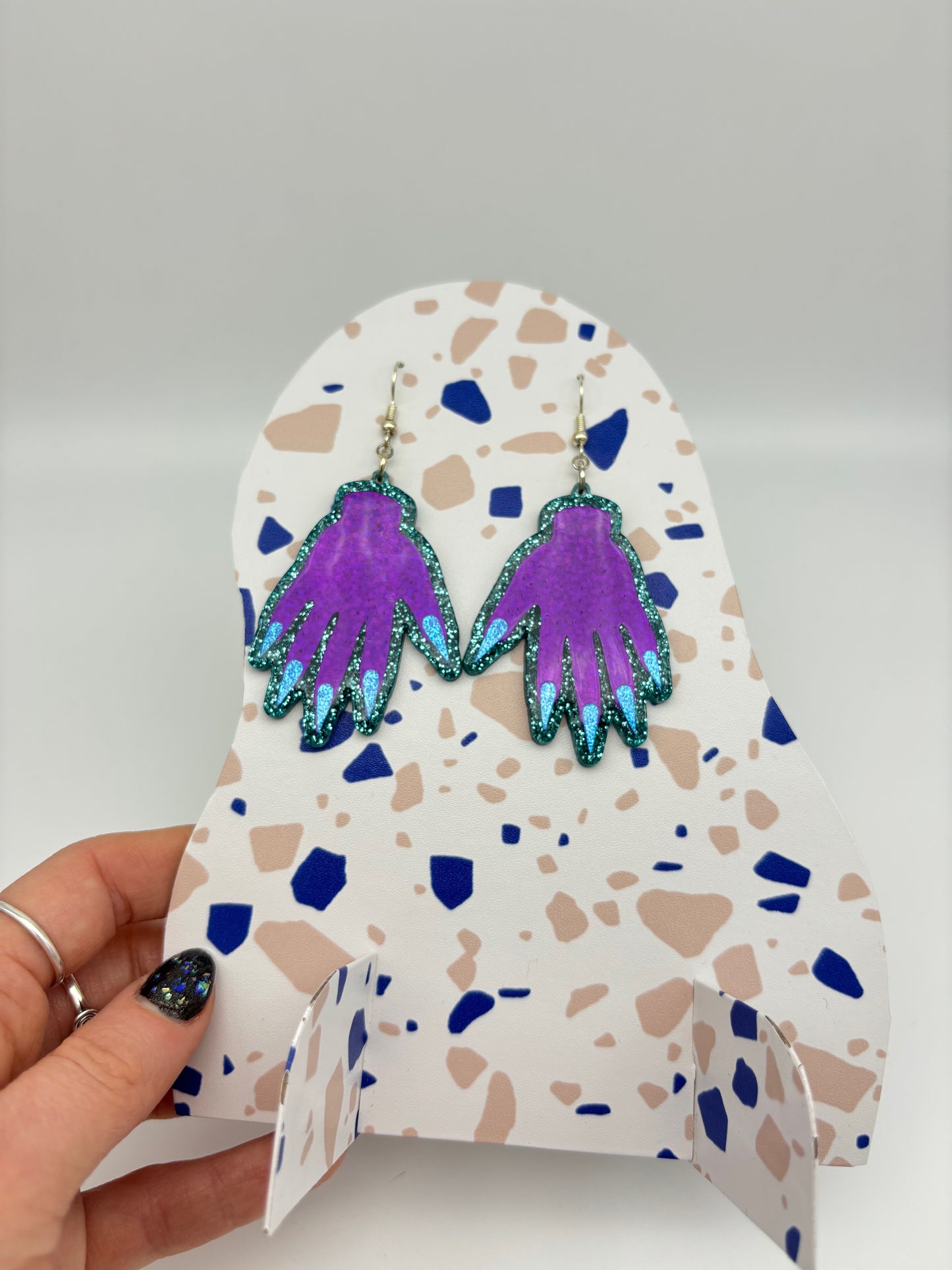 Sparkly Hand Acrylic Earrings - Purple & Teal Glitter