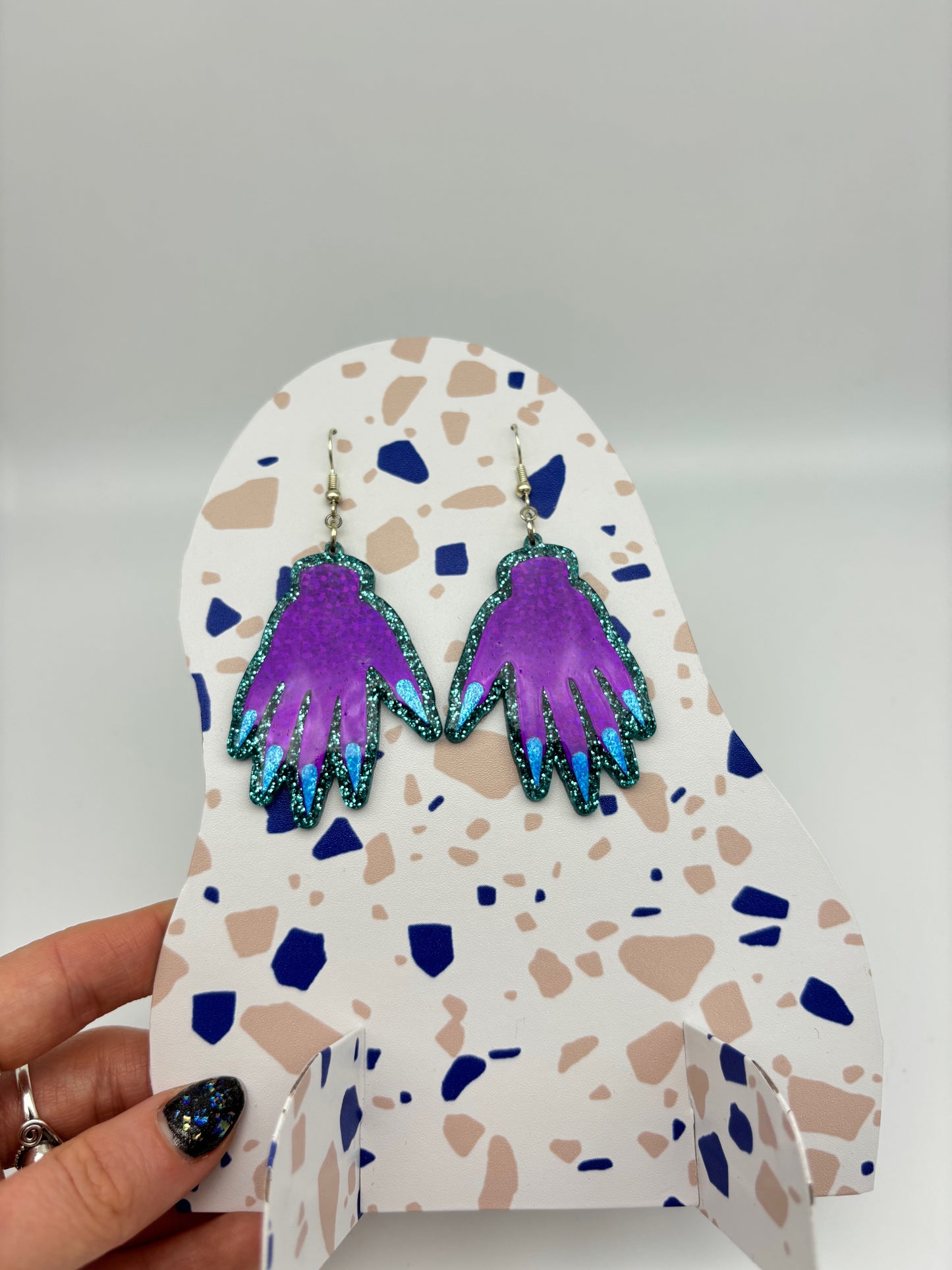 Sparkly Hand Acrylic Earrings - Purple & Teal Glitter