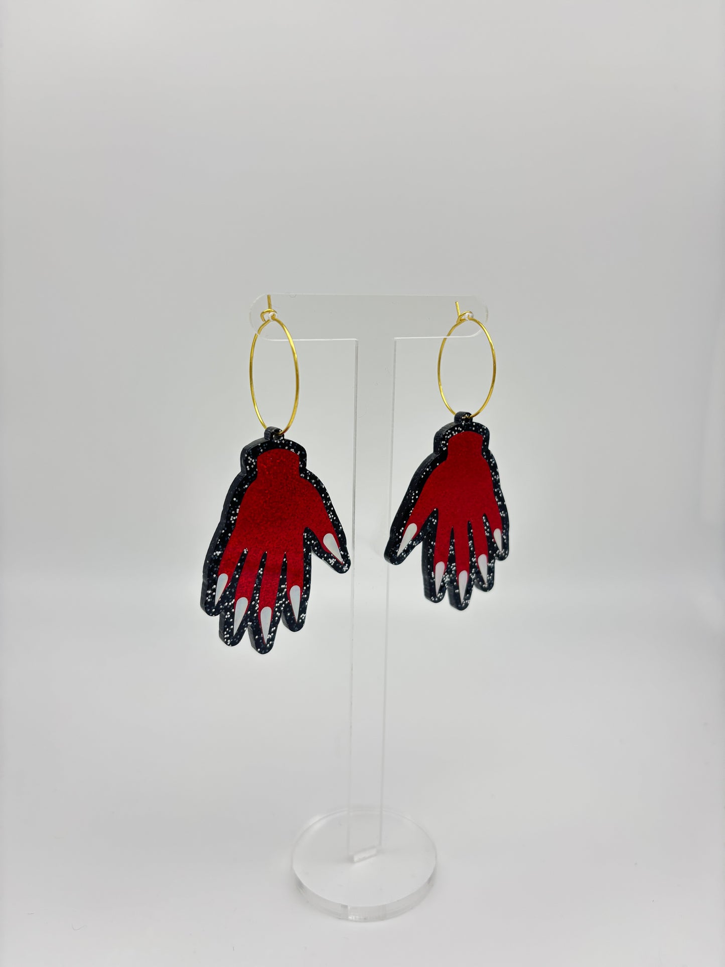 Sparkly Hand Acrylic Earrings - Red & Black Glitter Hoops