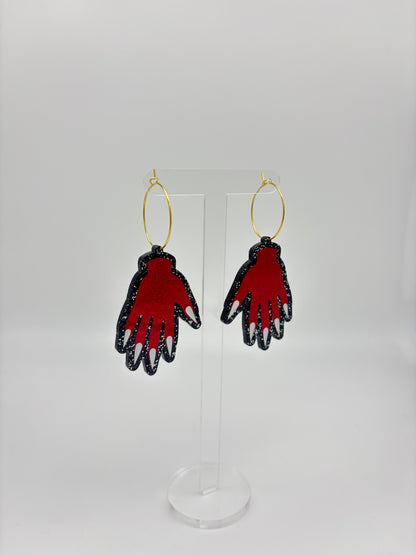 Sparkly Hand Acrylic Earrings - Red & Black Glitter Hoops
