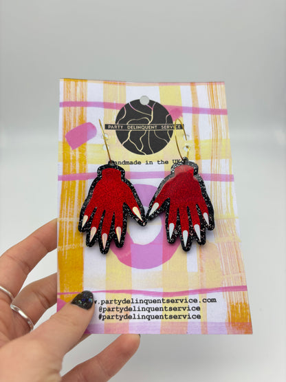 Sparkly Hand Acrylic Earrings - Red & Black Glitter Hoops