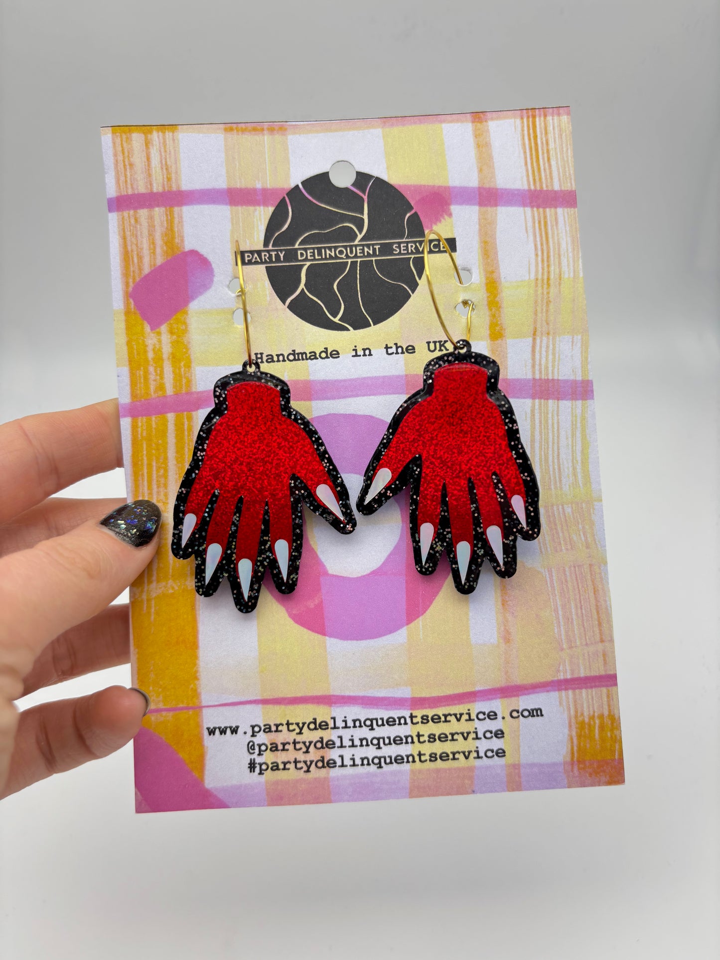 Sparkly Hand Acrylic Earrings - Red & Black Glitter Hoops