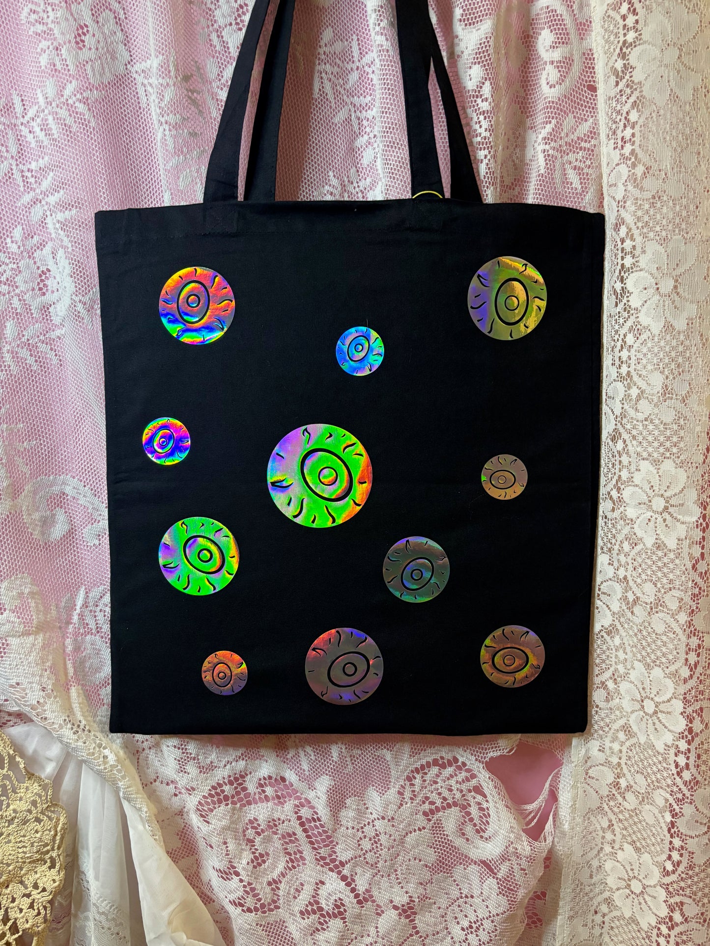 Silver Holographic Eyeball Black Tote Bag