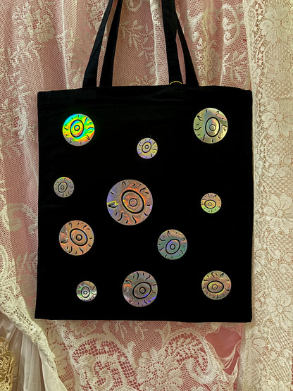 Silver Holographic Eyeball Black Tote Bag