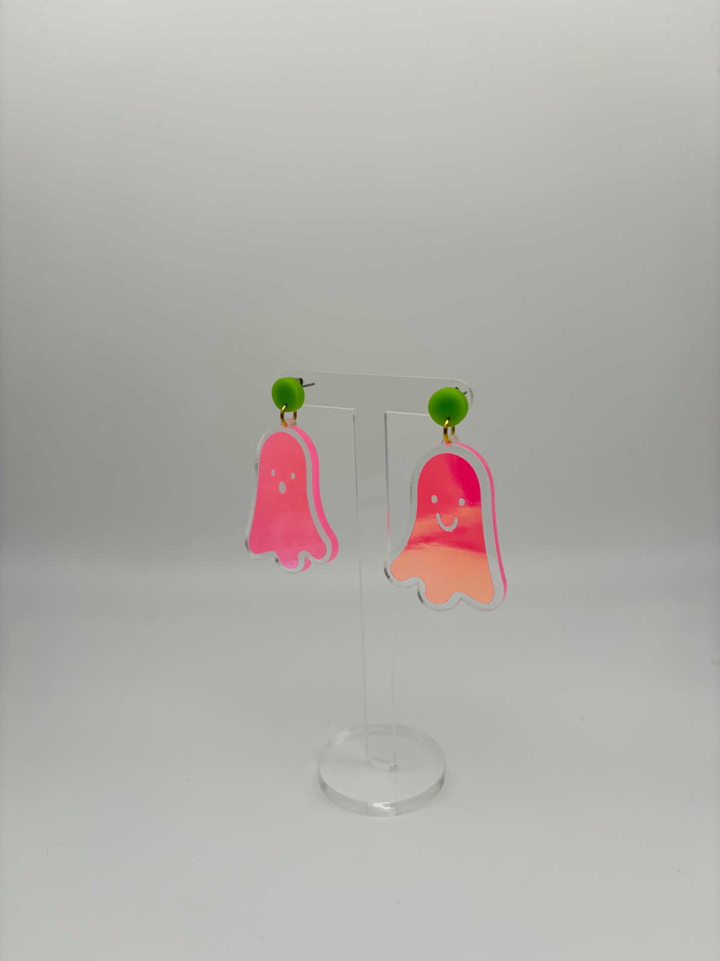 Holographic Ghost Earrings - Fluorescent Peachy Opal & Green Studs